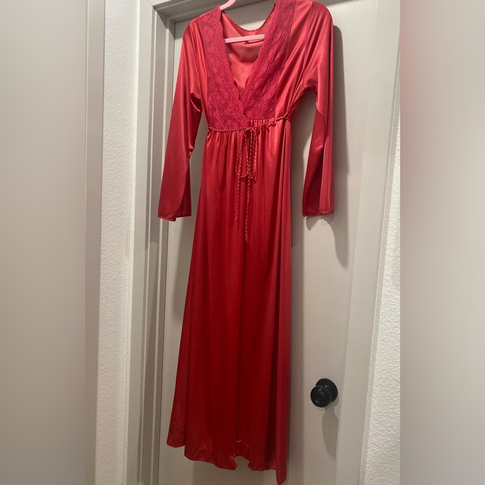 VTG Gilead 70s Fuchsia Hot Pink Deep V-Neck Lace Trim Maxi Wrap Dress Robe - S - Picture 7 of 16